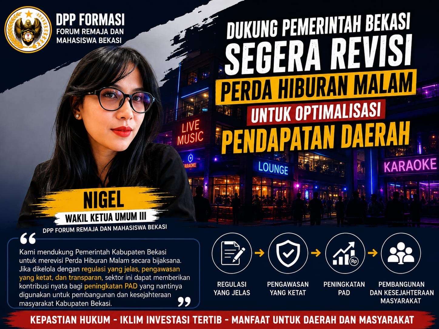 Waketum III DPP FORMASI Nigel: Revisi Perda Hiburan Malam Perlu Dikawal demi Optimalisasi PAD Kabupaten Bekasi