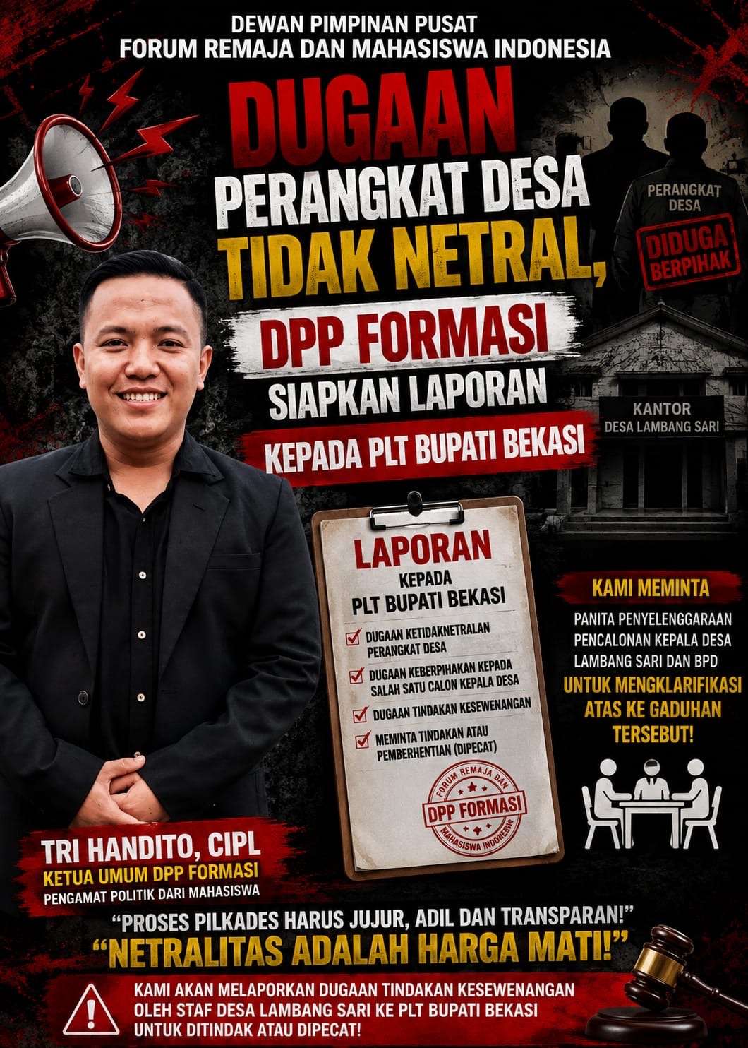DUGAAN OKNUM PERANGKAT DESA LAMBANG SARI TIDAK NETRAL, DPP FORMASI SIAP LAPORKAN KE PLT BUPATI BEKASI