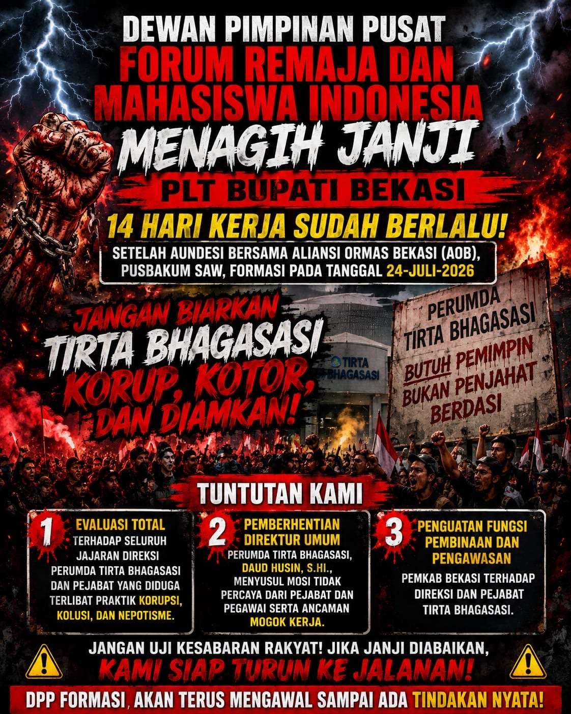 14 HARI KERJA SUDAH BERLALU! DPP FORMASI TAGIH JANJI PLT BUPATI BEKASI: JANGAN BIARKAN PERSOALAN TIRTA BHAGASASI DIAM-DIAM HILANG!