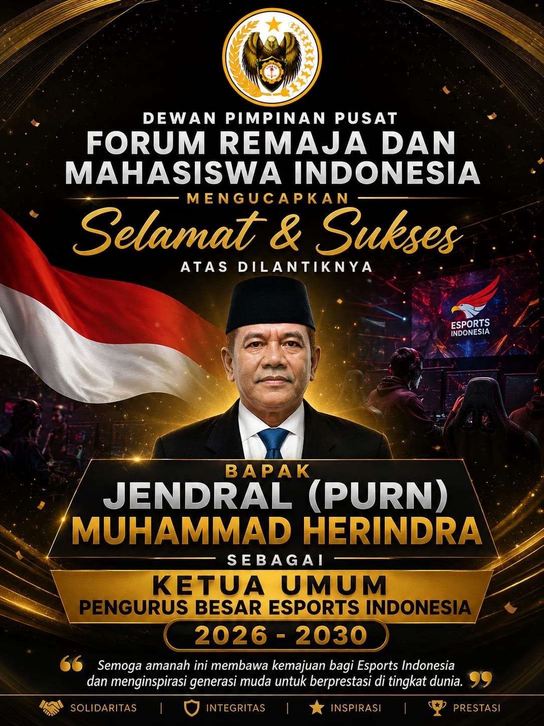 DPP FORMASI Ucapkan Selamat atas Pelantikan Jenderal (Purn) Muhammad Herindra sebagai Ketua Umum PB ESI 2026–2030